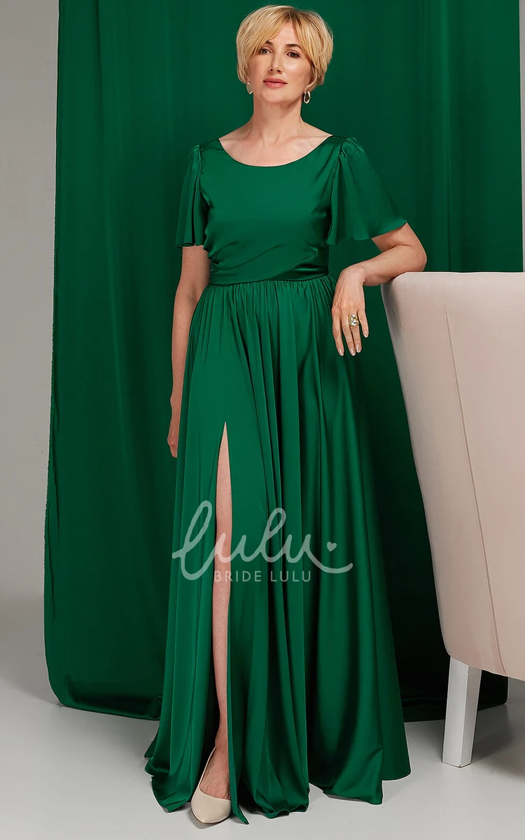 Simple Satin A Line Mother of the Bride Dress with Bateau Neckline and Split Front Formal Dress