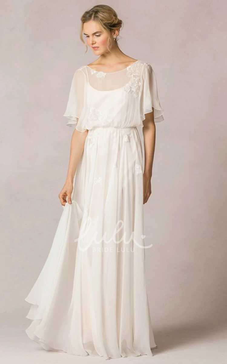 Scoop-Neck Chiffon Wedding Dress with Poet-Sleeves Sheath Floor-Length Appliqued