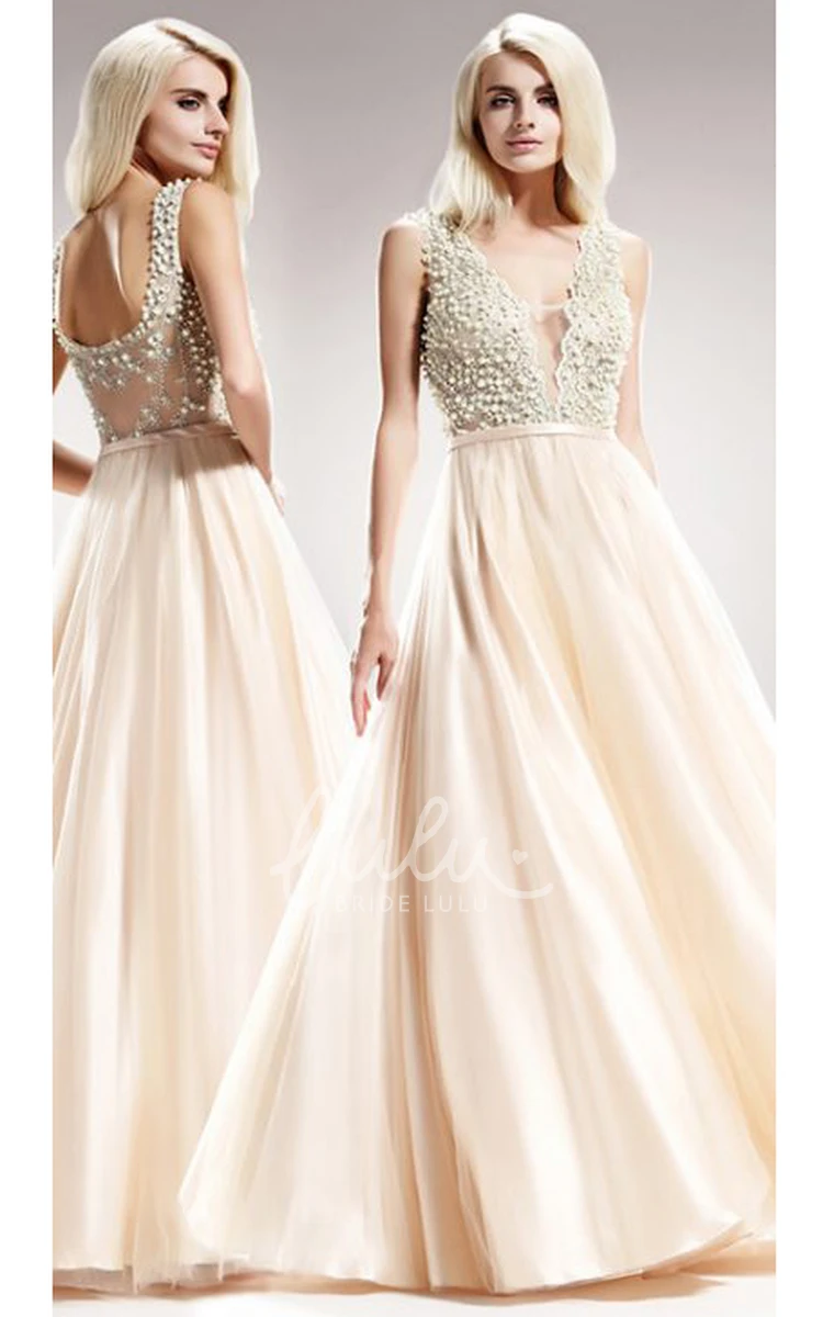 V-Neck Sleeveless Satin Formal Dress with Beading A-Line Floor-Length