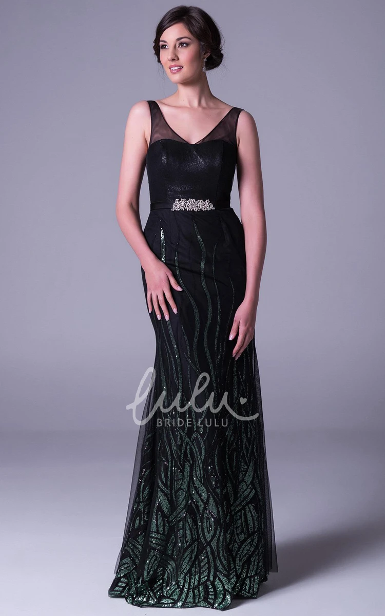 Sequined Sheath Prom Dress with Long V-Neck and Beading