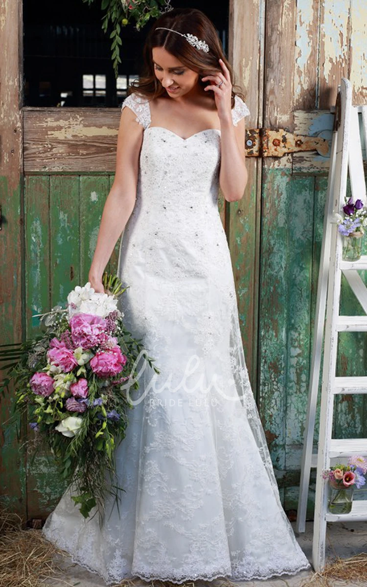 Cap-Sleeve Appliqued Lace Sweetheart Wedding Dress Flowy Bridal Gown with Lace Up Back