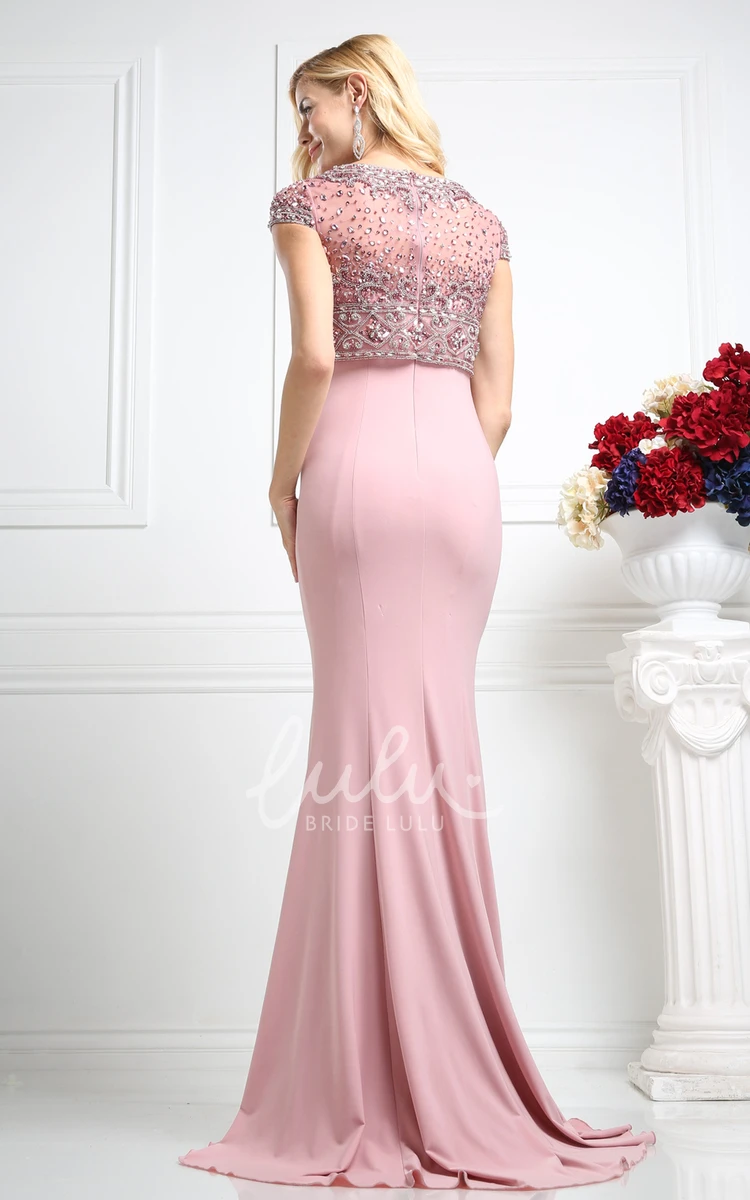 Short Sleeve Sheath Jersey Illusion Dress with Beading Classy Prom Dress