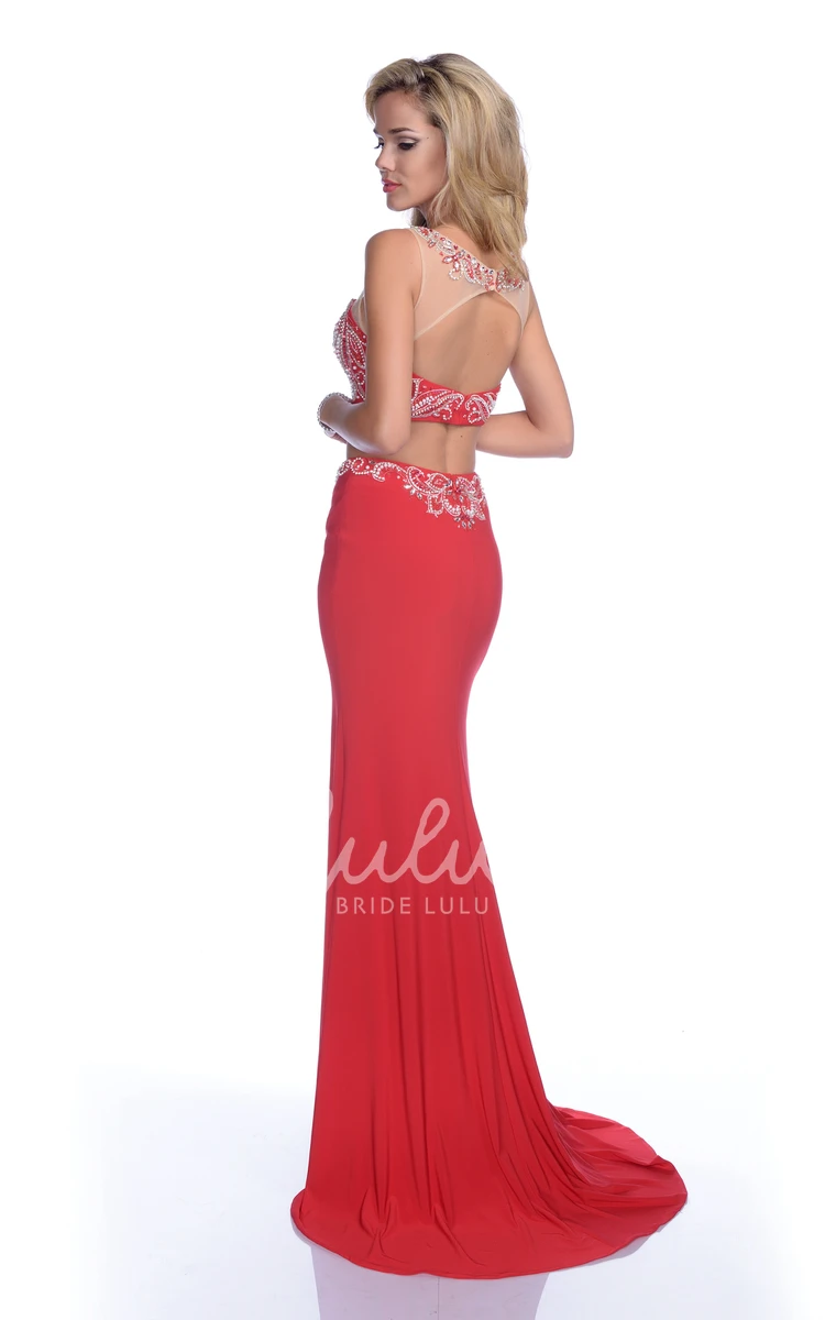 Jeweled Neck and Bust Sleeveless Crop Top Prom Dress with Side Slit Chic Prom Dress