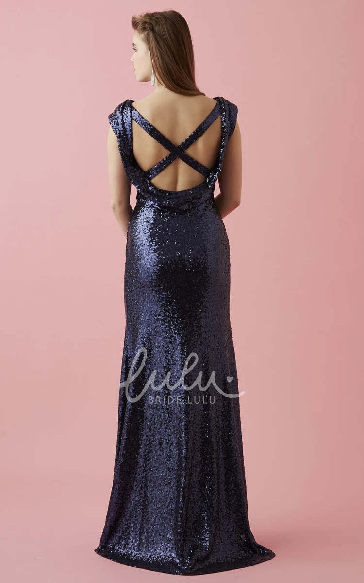 Sequin Sheath Long V-Neck Cap-Sleeve Prom Dress with Split Front