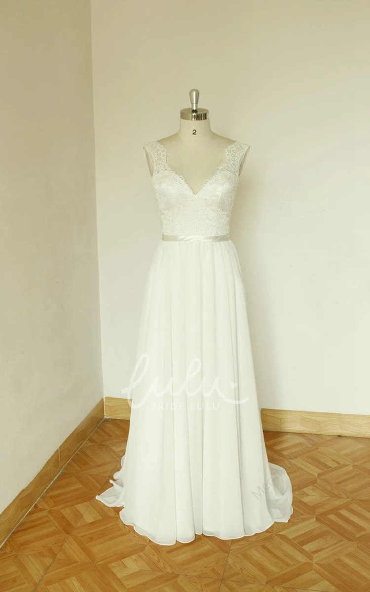 Bohemian Floral A-Line Lace Chiffon Wedding Dress Romantic Elegant V-Neck Backless Sleeveless Bridal Gown with Sash