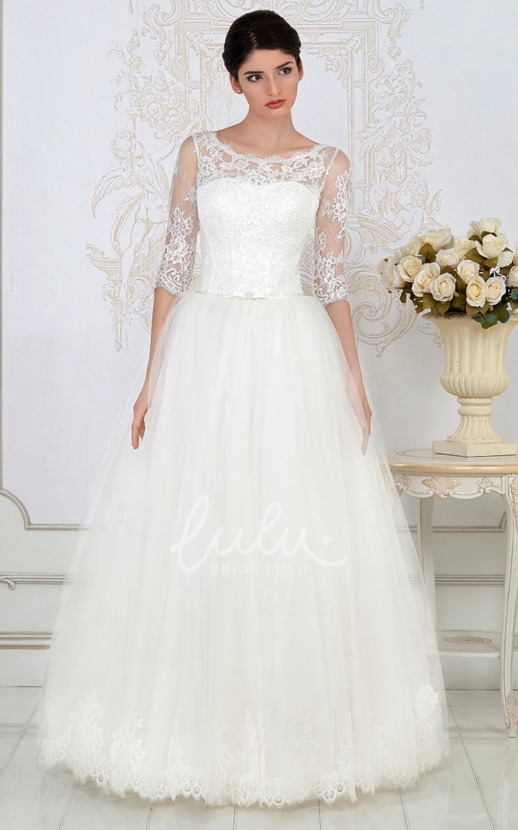 Tulle A-Line Wedding Dress with Half-Sleeve Lace Up Scoop-Neck