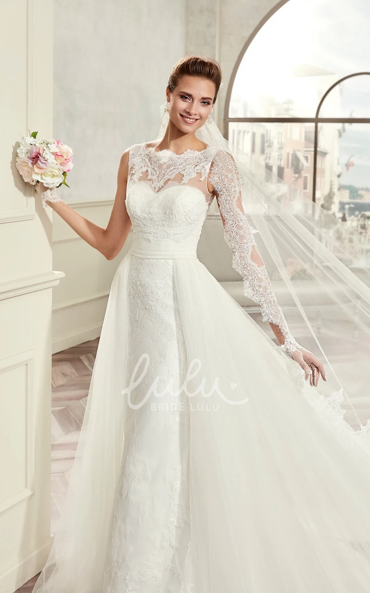 Cap-Sleeve A-Line Wedding Dress with Illusive Design and Brush Train