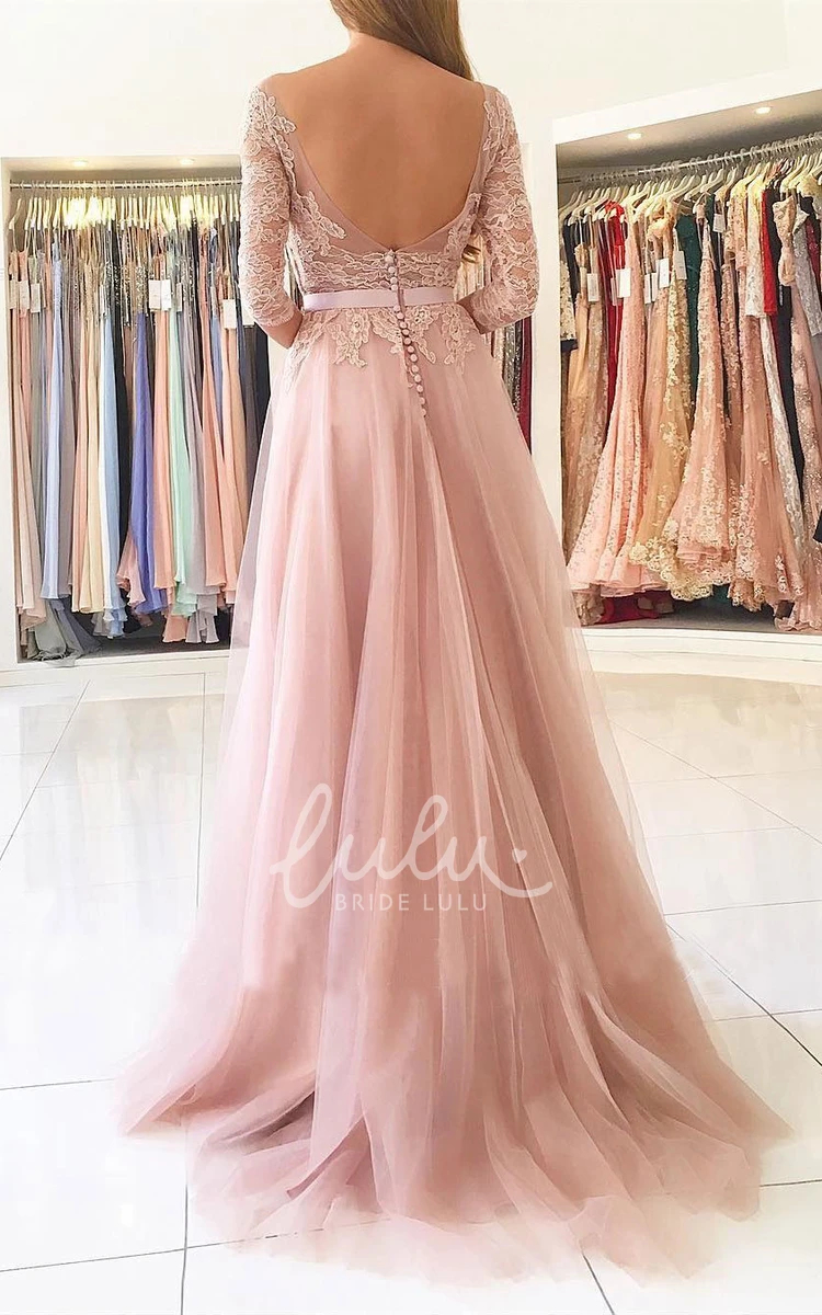 Elegant Illusion Lace Tulle A-Line Formal Dress with 3/4 Sleeves