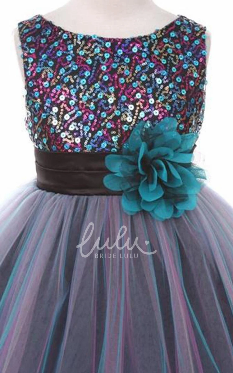 Pleated Tiered Satin Flower Girl Dress with Sequins Tea-Length