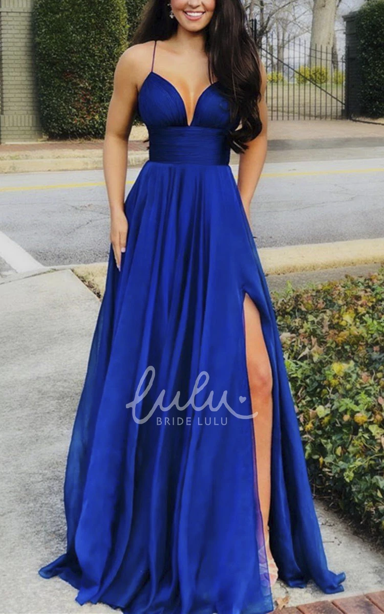 Sexy Plunging Front Split Dress with Sash and Pleats Formal Dress