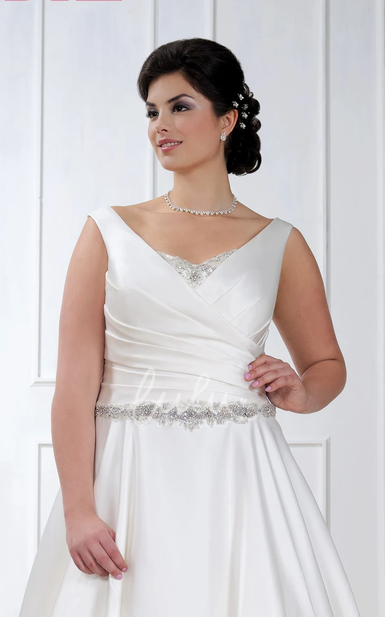 Strapless Satin Wedding Dress With Ruched Bodice and Jeweled Waist