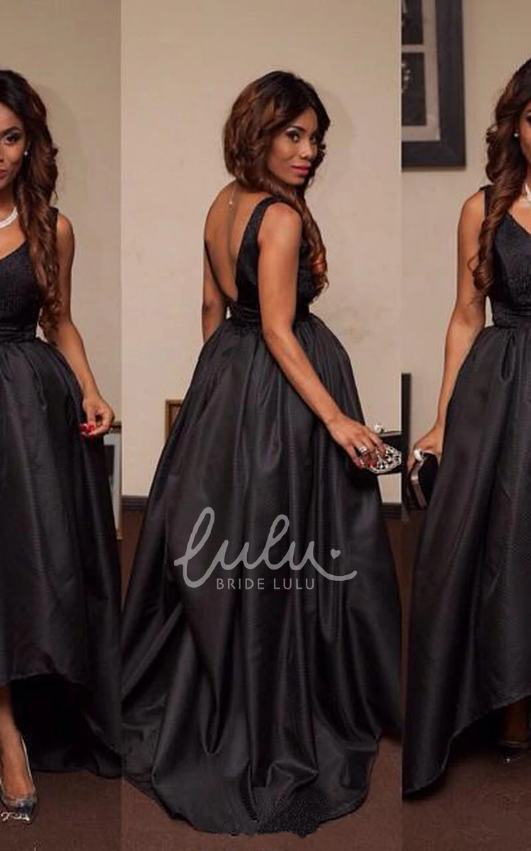 Black Sleeveless V-Neck Hi-Lo Prom Dress for Women