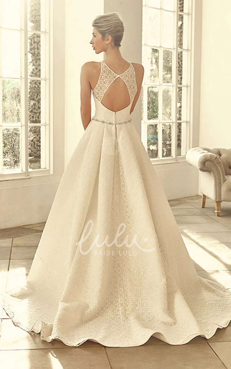 High Neck Lace Appliqued Wedding Dress with Court Train and Keyhole Flowy