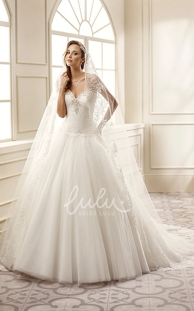 Beaded Tulle A-Line Wedding Dress with Court Train Sweetheart Neckline