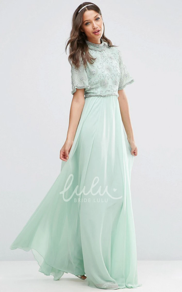 High Neck Bell Sleeve Chiffon Bridesmaid Dress with Pleats Floor-Length