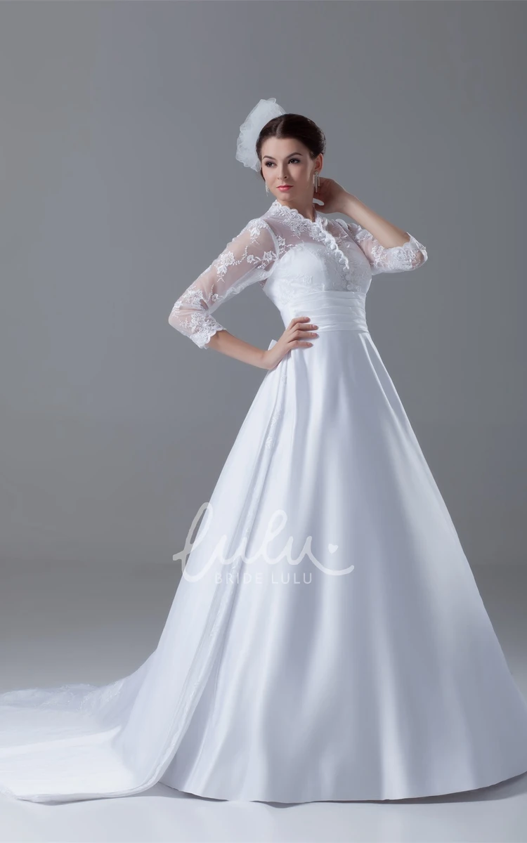 Lace Satin Wedding Gown Modest A-Line with Bows and High Neck