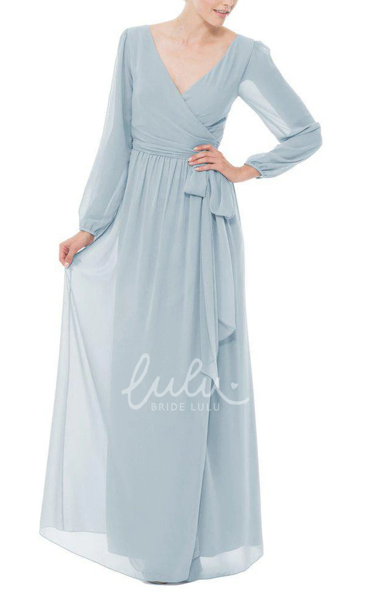 V-Neck Chiffon Long Dress with Bow and Long Sleeves for Formal Events