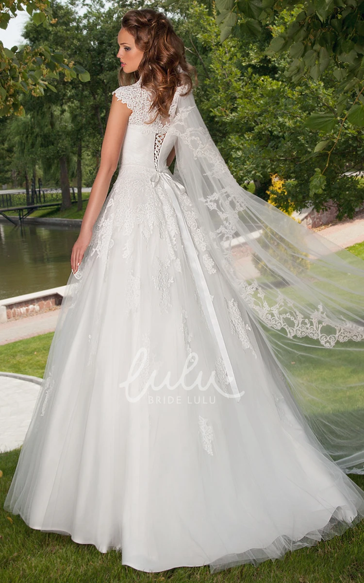 Floor-Length Tulle Wedding Dress with Cap-Sleeves and Appliques