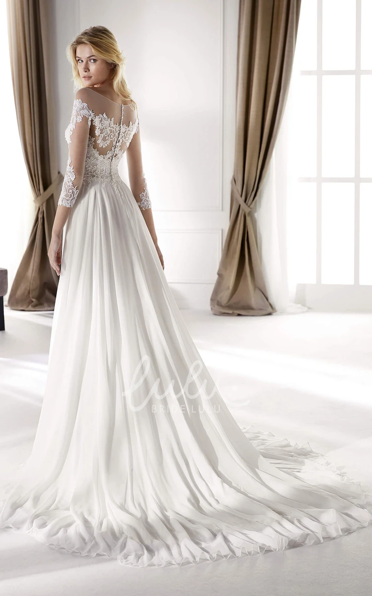 Illusion Lace Chiffon Wedding Gown with Court Train and Ethereal 3/4 Sleeves Modern Bridal Dress