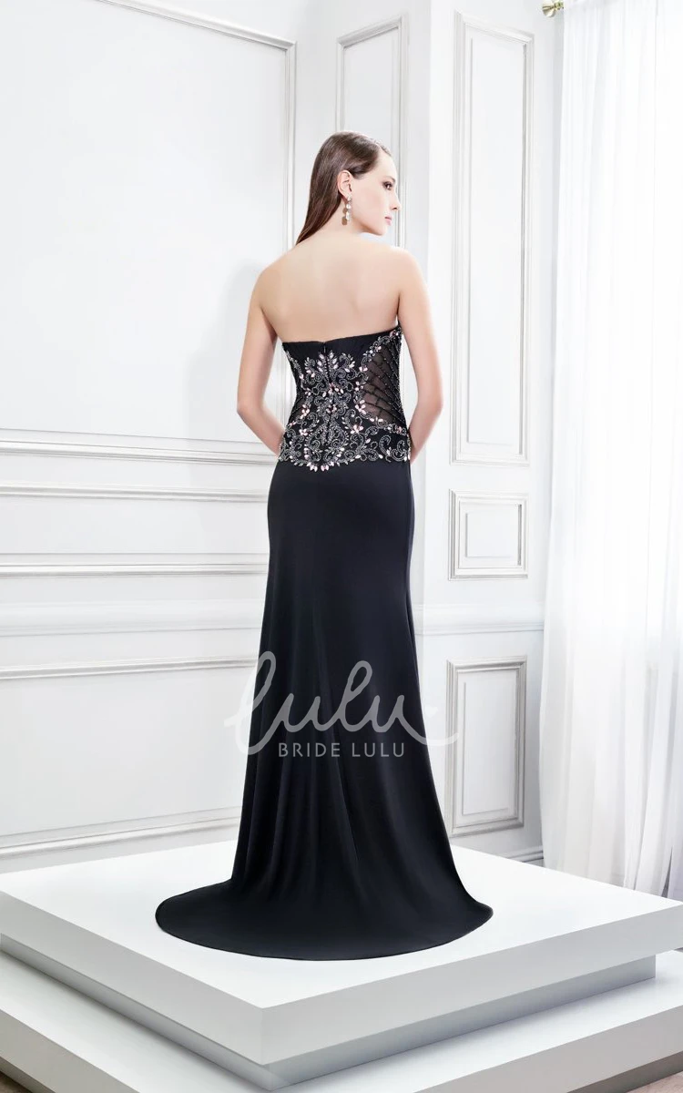 Backless Sheath Jersey Prom Dress with Split Front Long Beaded Sleeves and Sweetheart Neckline Sleeveless