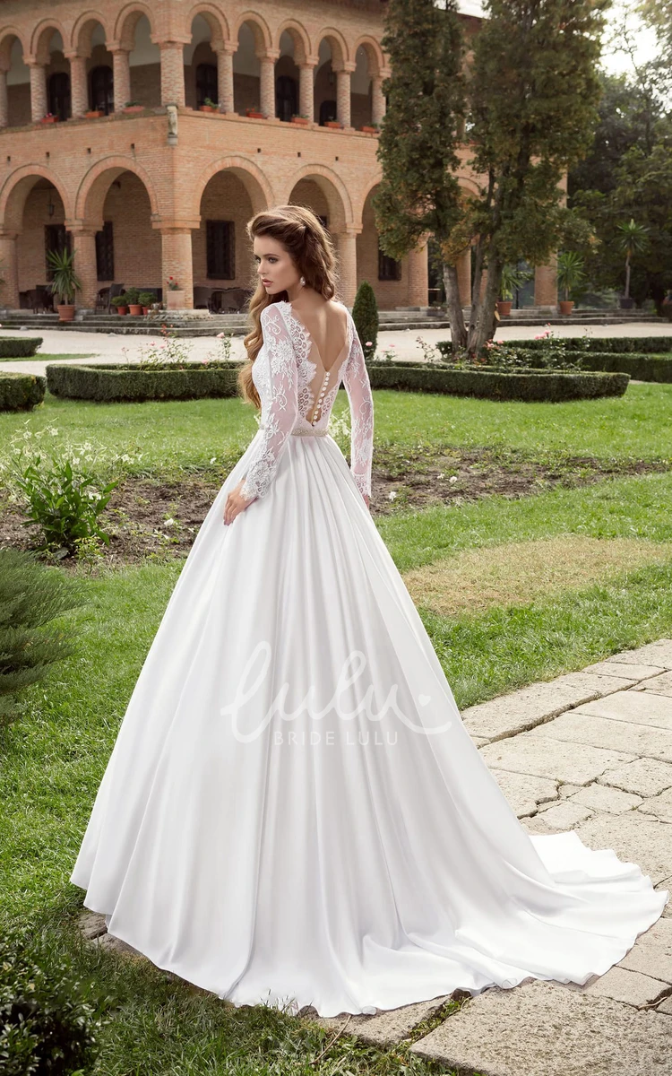 Long Sleeve Satin Wedding Dress with Crystal Detailing and V-Back