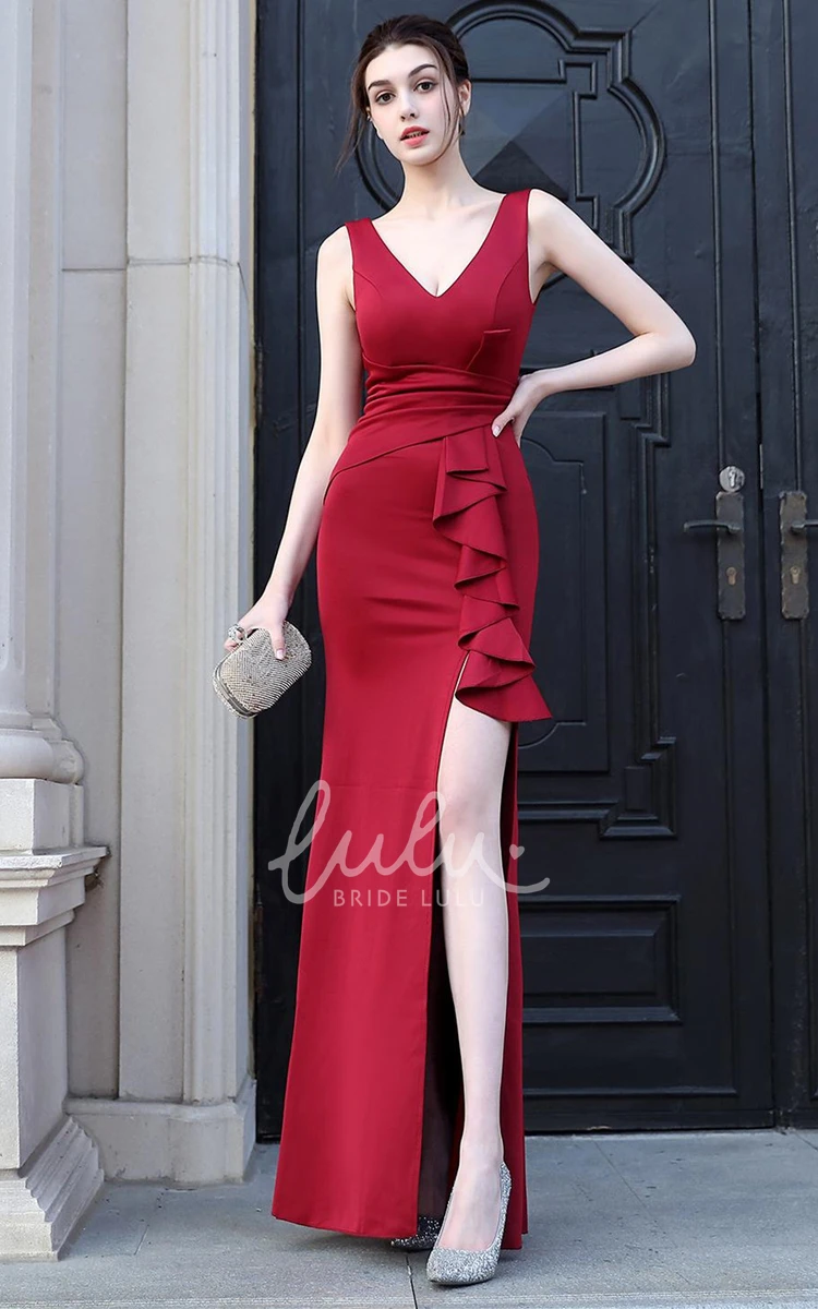 Satin Sheath Prom Dress with Ruffles and Split Front V-Neck Bridesmaid Dress