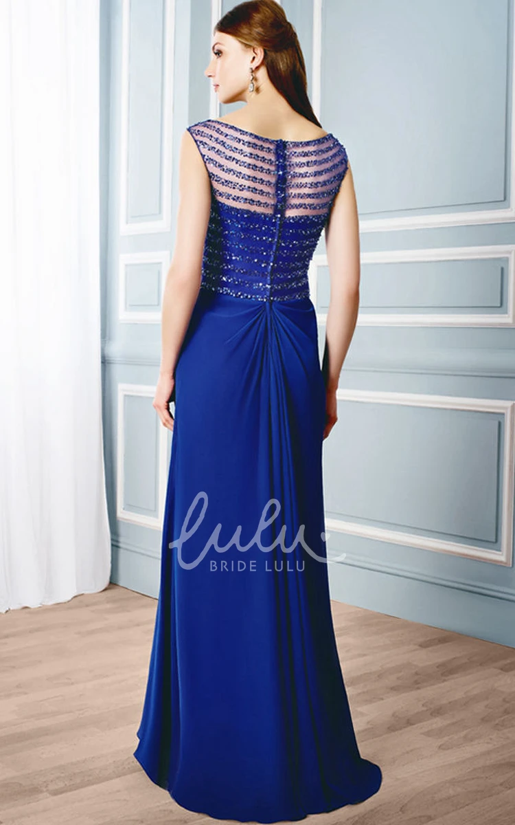 Sheath Chiffon Bateau Formal Dress with Cap Sleeves Beading and Illusion Back