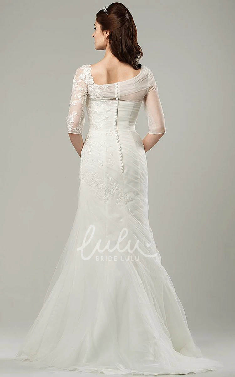 Half-Sleeve Tulle Wedding Dress with Ruched Scoop-Neck & Sweep Train