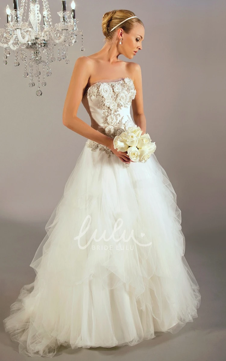 A-Line Ruffled Strapless Tulle Wedding Dress with Beading and Flower Flowy Bridal Gown