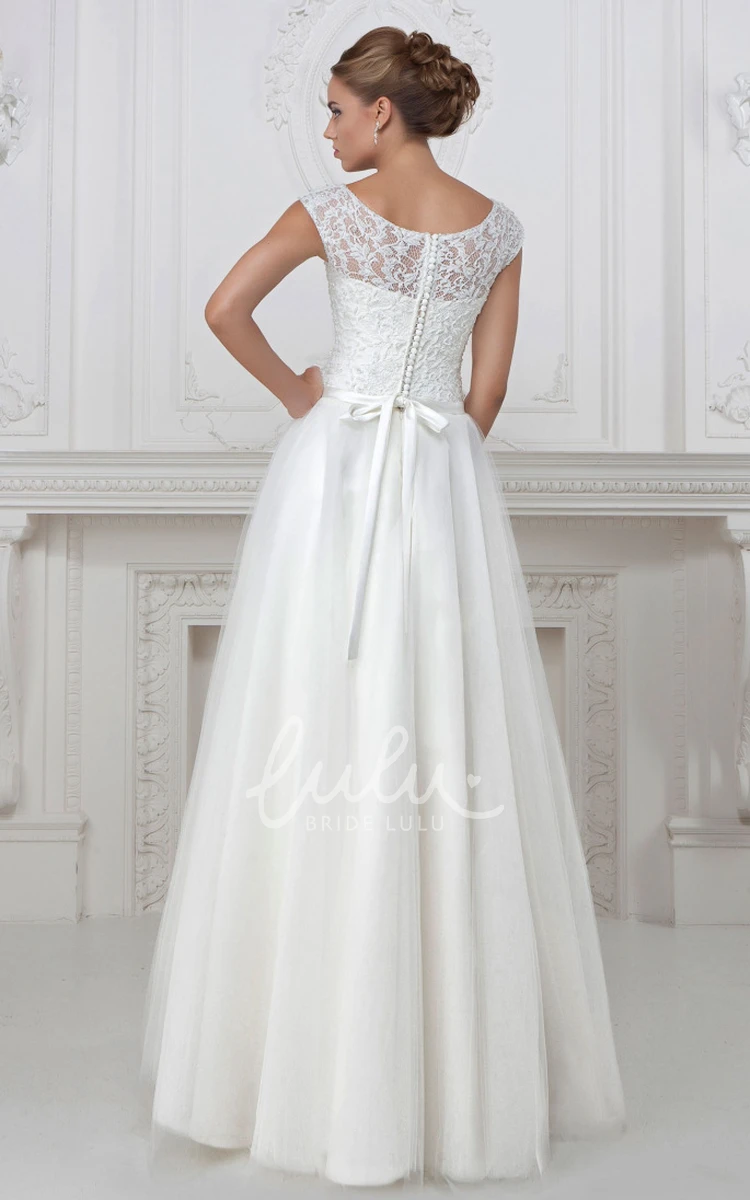 Cap-Sleeve Floor-Length Scoop-Neck Lace&Tulle&Satin A-Line Wedding Dress Modern Bridal Gown