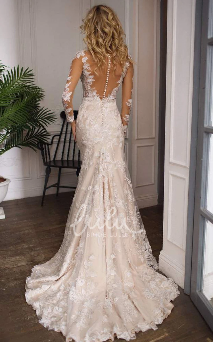 Illusion Long Sleeve Mermaid Wedding Dress with Jewel Neckline and Lace Appliques