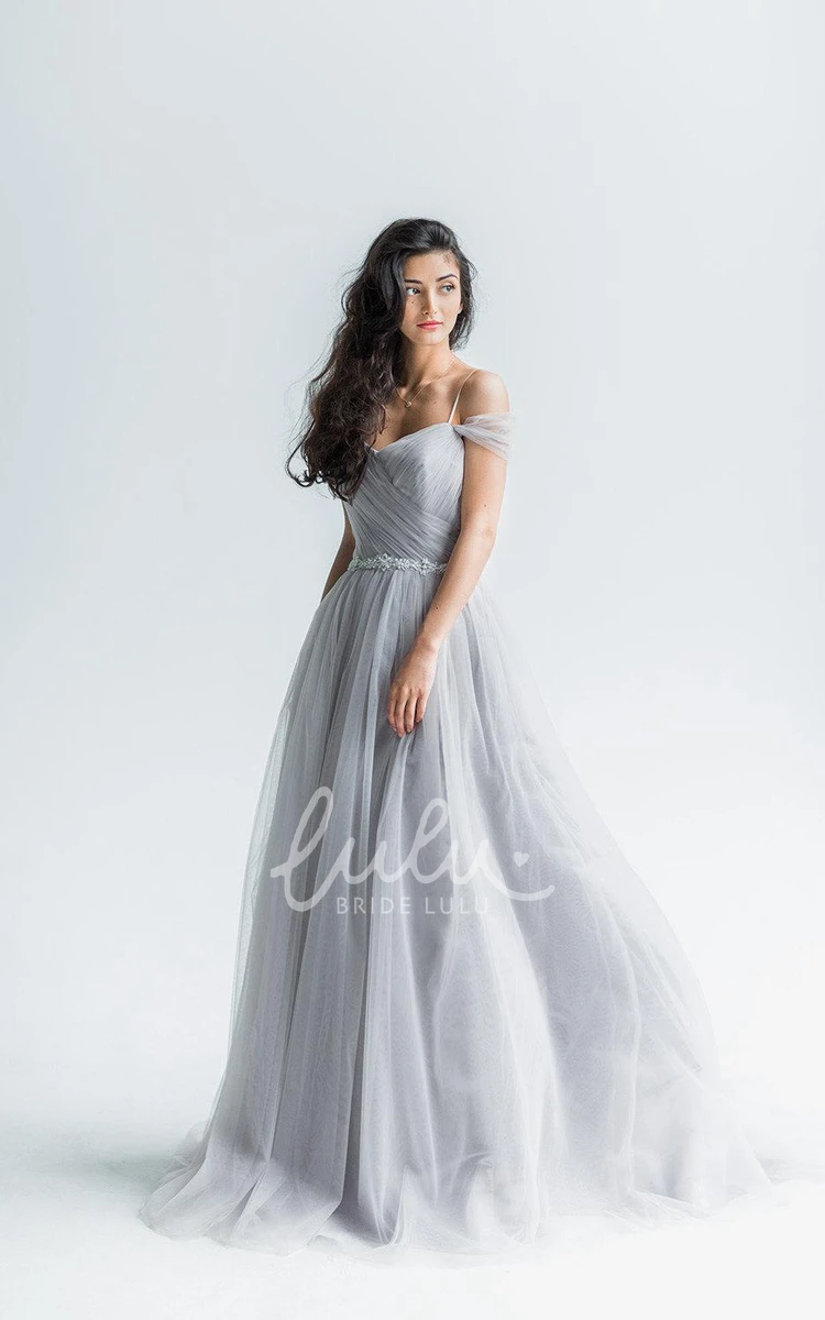 A-Line Tulle Spaghetti Dress with Criss Cross and Waist Jewelry Wedding Dress