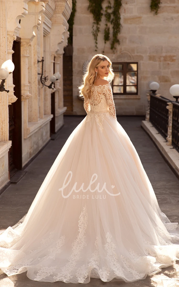 Illusion Long Sleeve Lace Tulle Bridal Ballgown Dress with Sash and Button Back