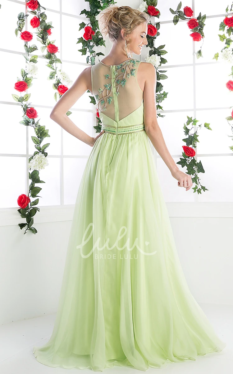 Sleeveless Scoop-Neck Sheath Chiffon Bridesmaid Dress with Illusion and Beading