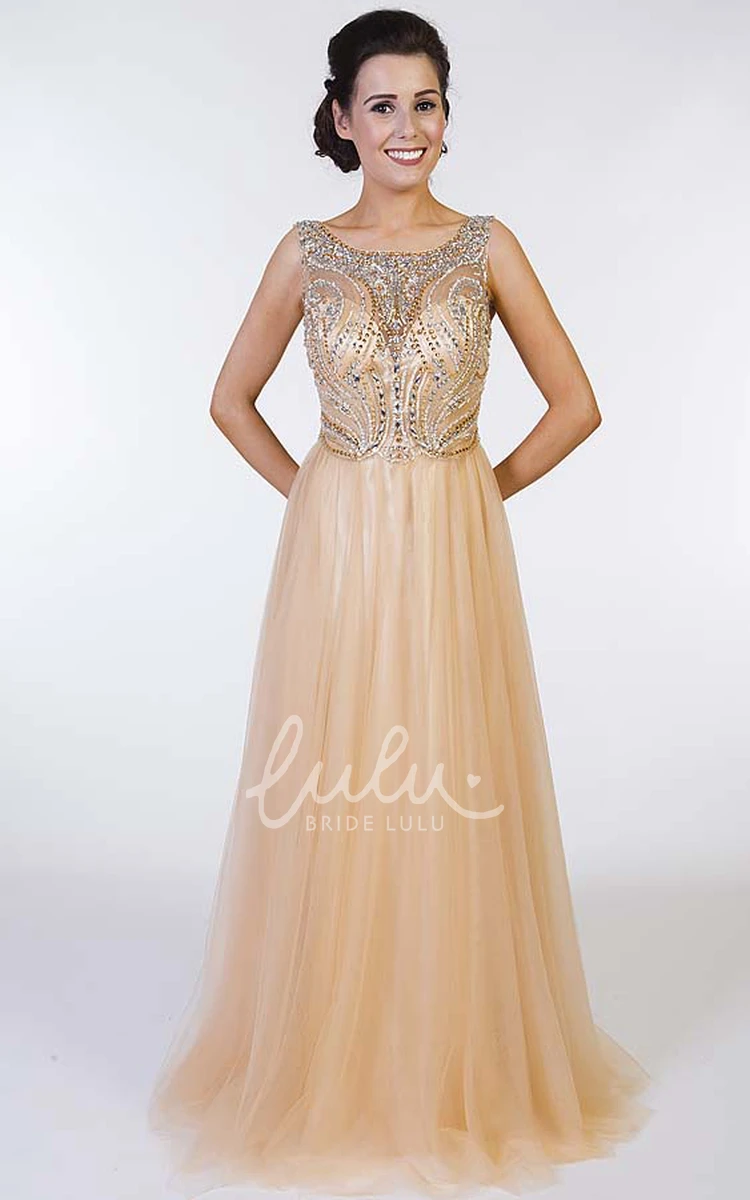 Floor-Length Beaded Tulle A-Line Prom Dress with Scoop Neck Unique Prom Dress