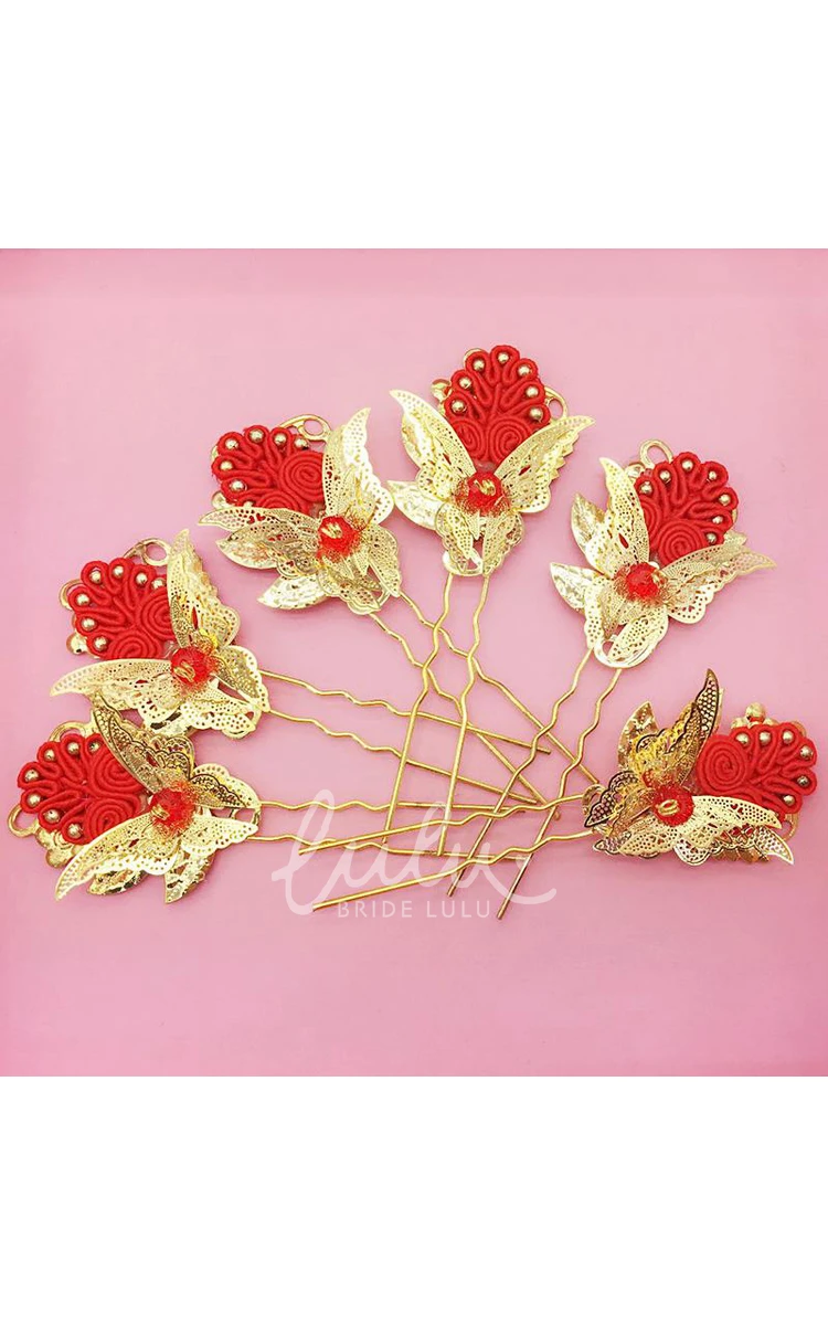 Chinese Cheongsam Wedding Hair Accessories Set with Red Hairpin U-Shaped Clip and Plate