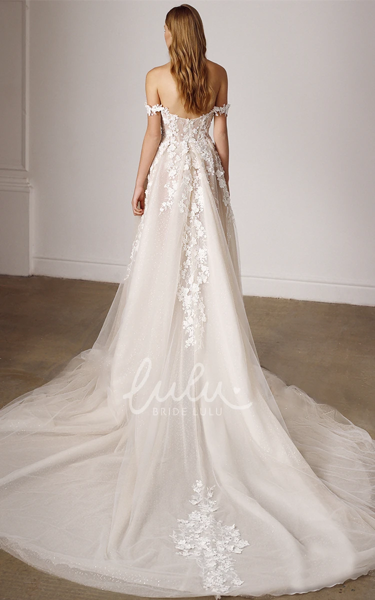 Off-the-shoulder Tulle Wedding Dress with Appliques Exquisite A Line