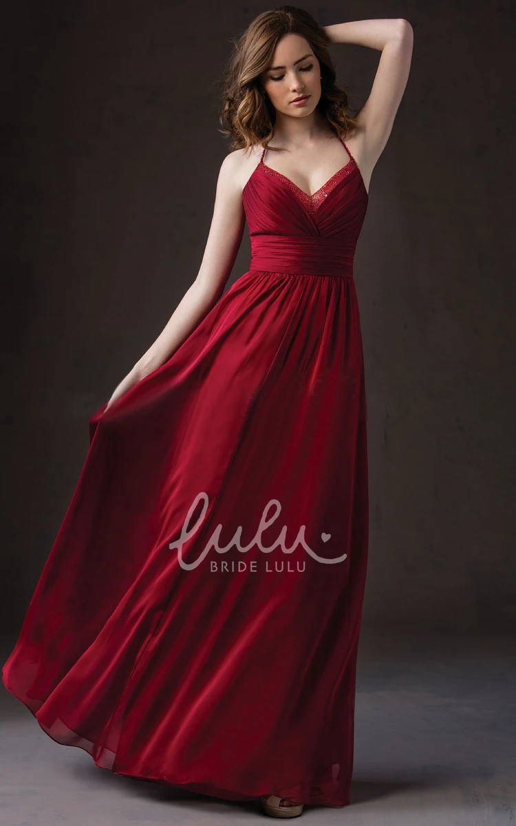 Floor-Length Sleeveless Bridesmaid Dress with Jewels and Pleats