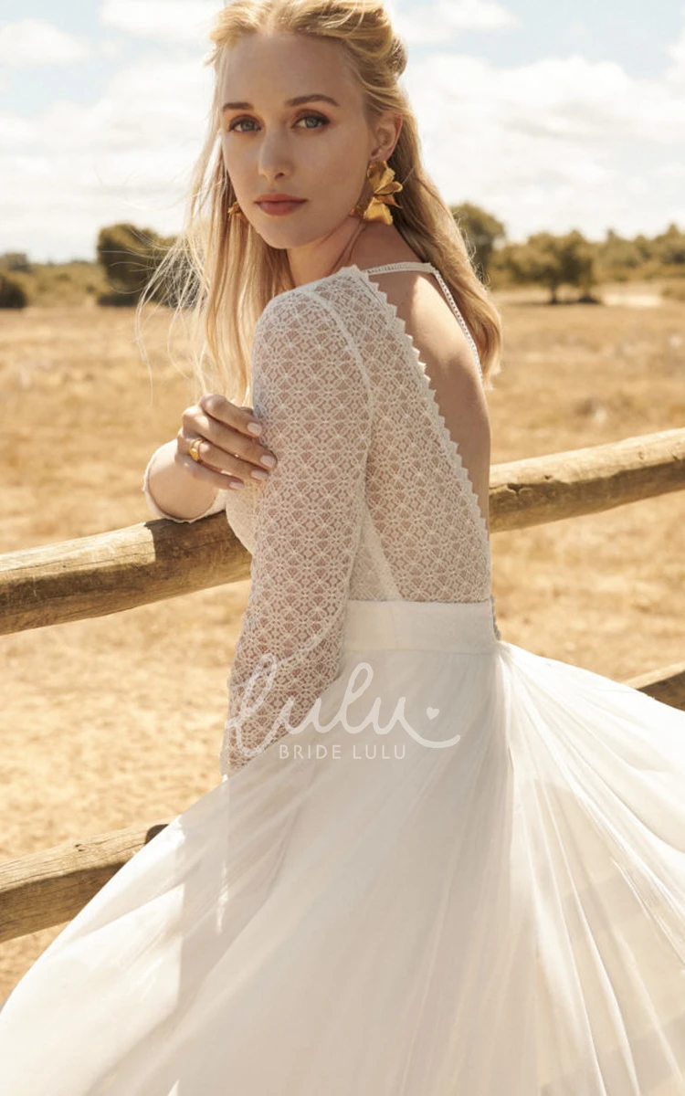 Ethereal Lace Top Chiffon Plunging Wedding Dress with 3/4 Sleeves