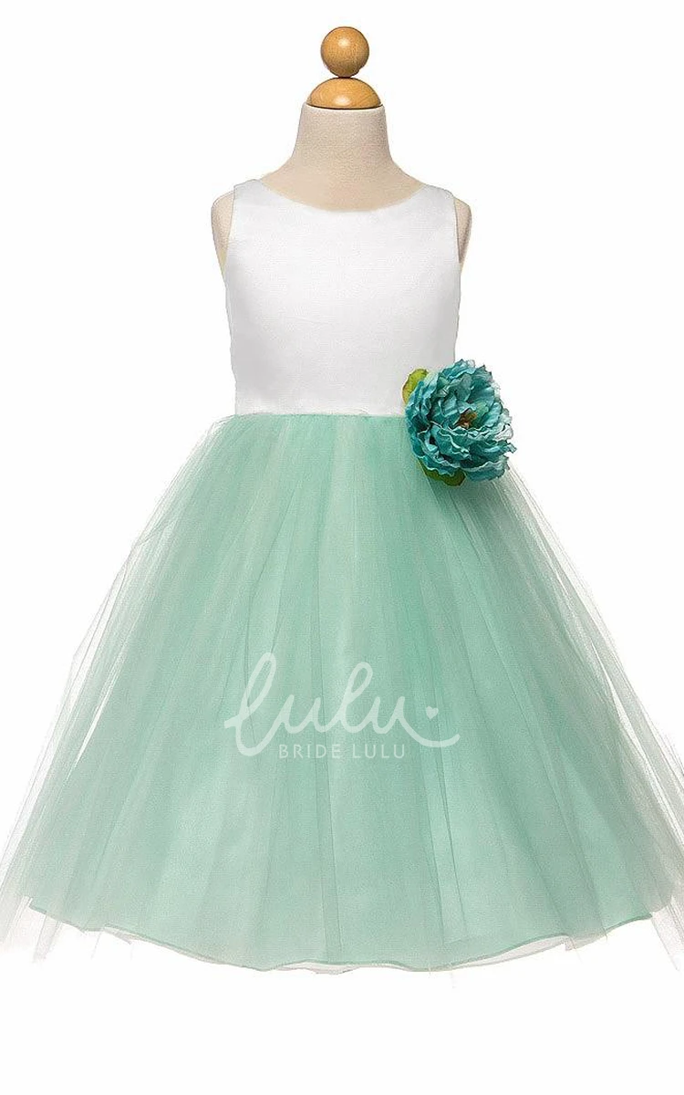 Tulle Satin Flower Girl Tea-Length Dress with Tiered Skirt