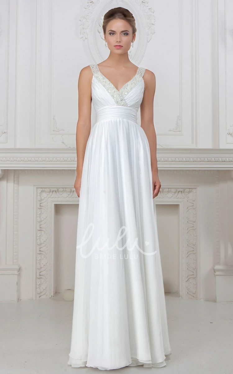 Satin Ruched V-Neck Wedding Dress with Beading Sleeveless Floor-Length