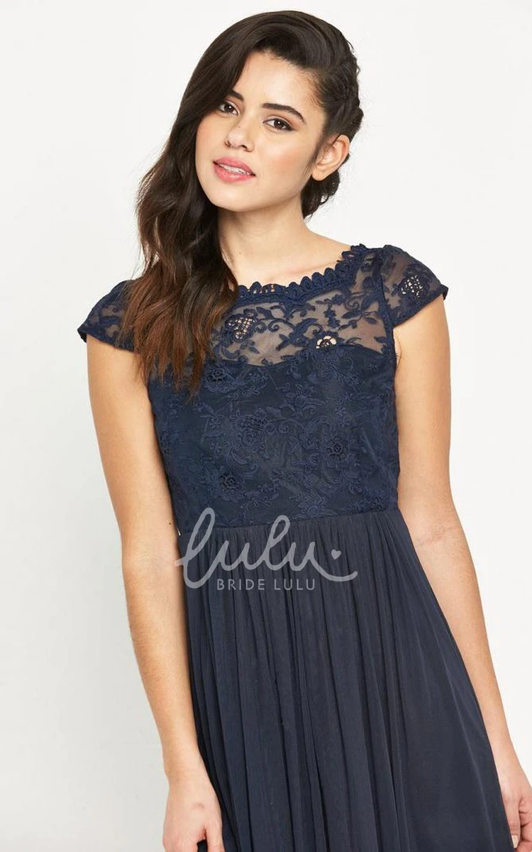 Appliqued Tulle Bridesmaid Dress With Low-V Back Cap Sleeve Mini Flowy