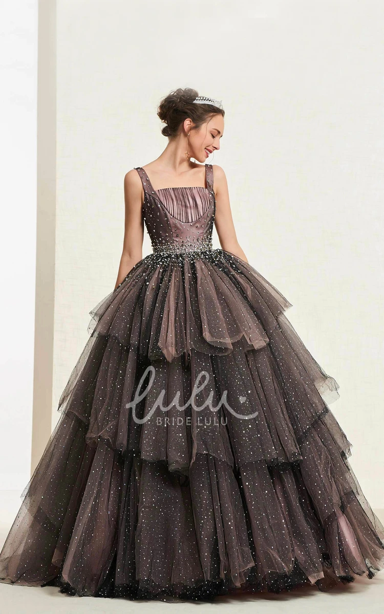 Vintage Ballgown with Beaded Square Neckline and Ruffled Tiers