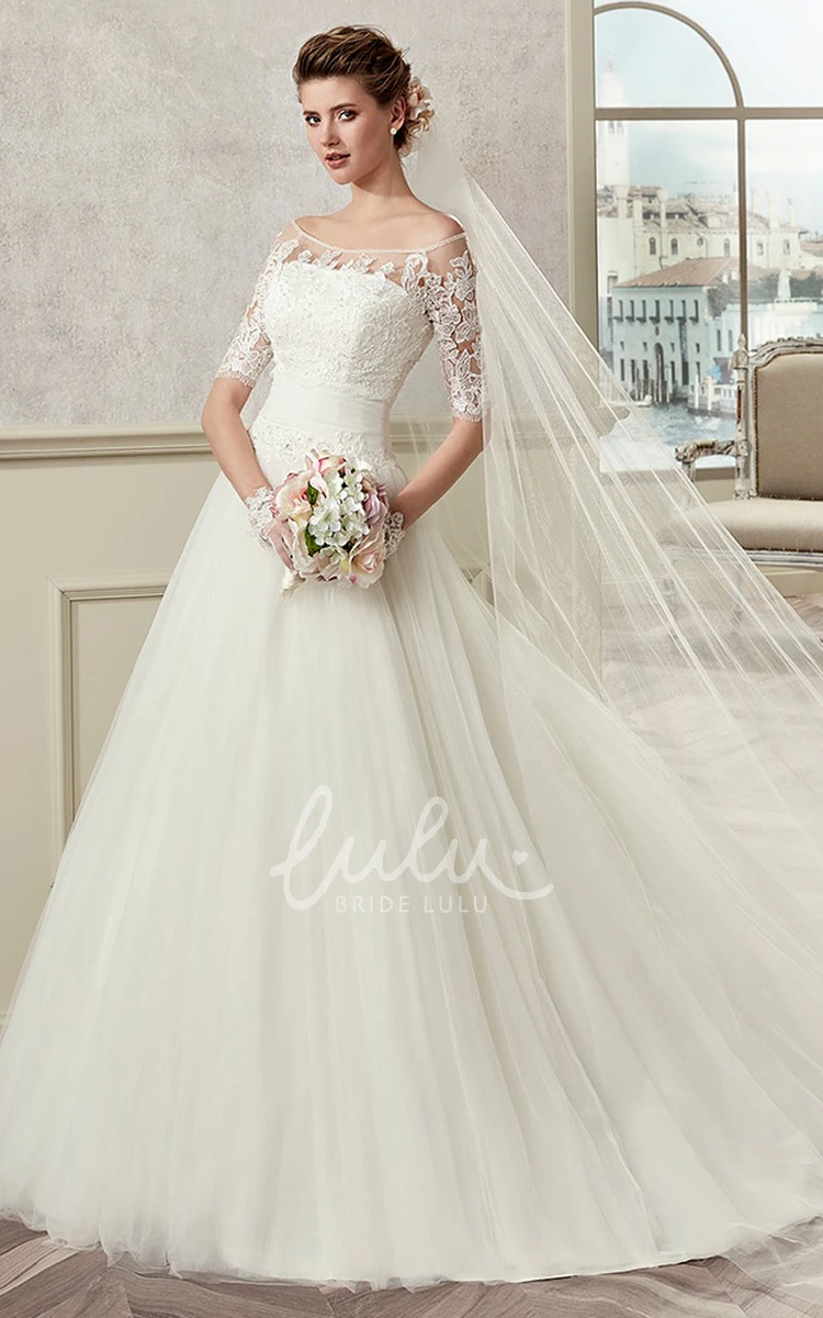 A-Line Wedding Dress with Off-Shoulder Half Sleeves and Pleated Skirt