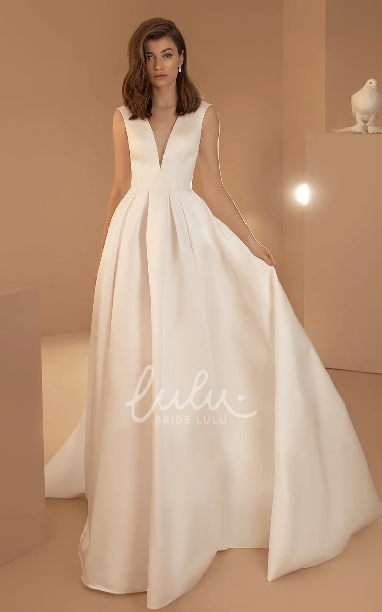Modern Satin V-neck Ball Gown Wedding Dress with Zipper Back and Pockets