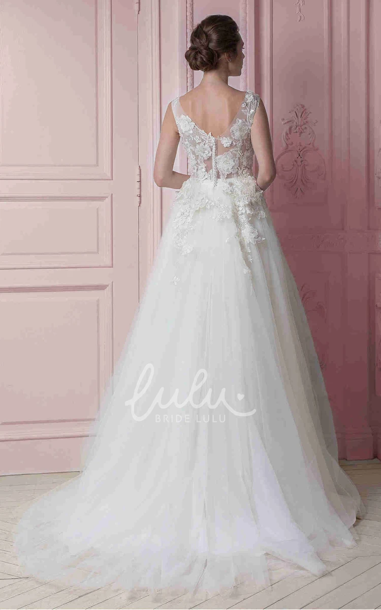 A-Line Tulle Wedding Dress With Flower Appliques Sleeveless V-Neck Floor-Length Romantic