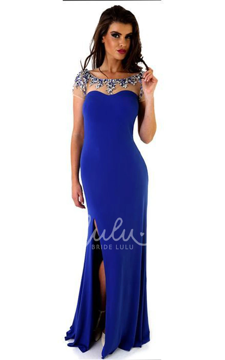 Beaded Jersey Sheath Prom Dress with Split Front and Cap-Sleeve Scoop Unique Prom Dress