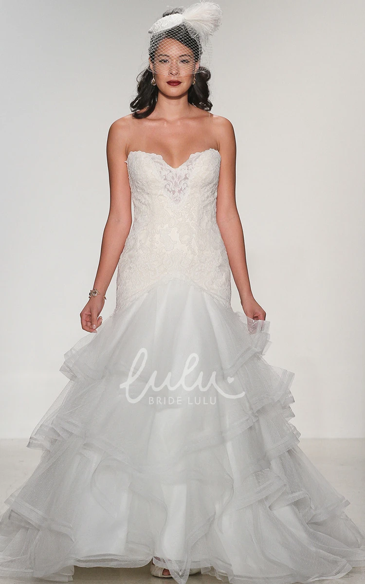 Organza and Lace Tiered Wedding Dress with Appliques and Deep-V Back A-Line Style