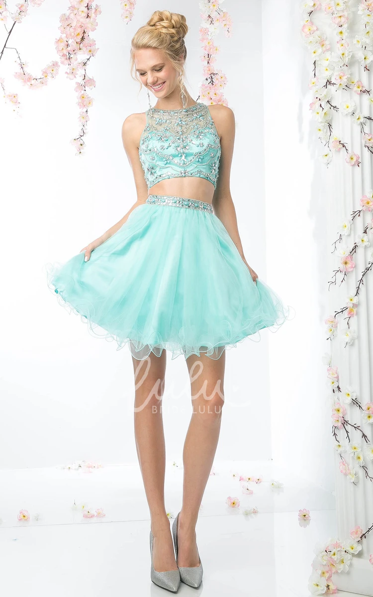 Short Sleeveless Tulle Illusion A-Line Formal Dress with Ruffles and Beading