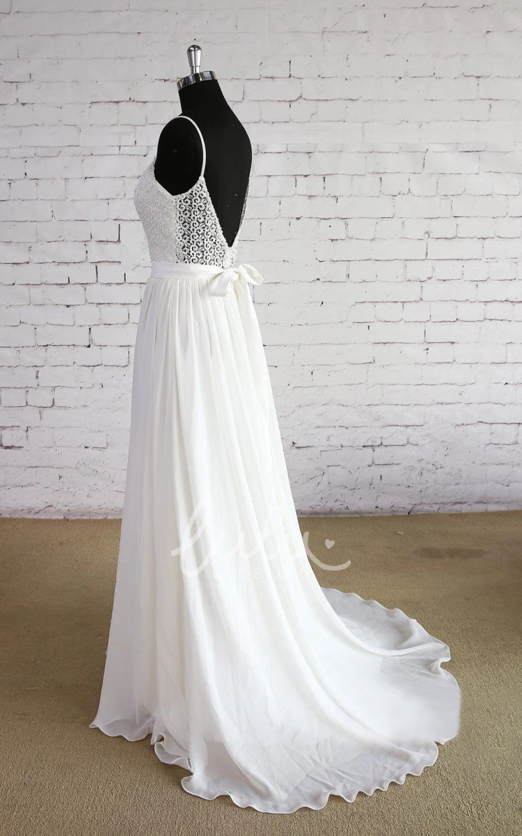 Chiffon A-Line Wedding Dress with Lace Bodice and Spaghetti Straps